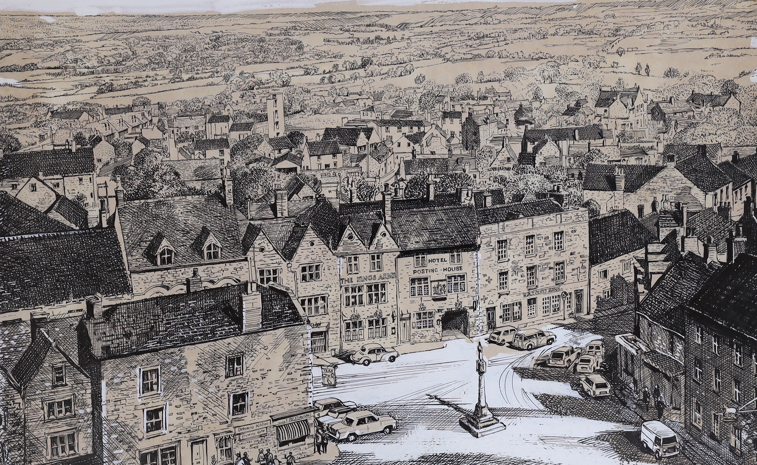 Ronald Beavan (20th.C), ink and mixed media, possibly for a book illustration, Stow-on-the-Wold, Cotswolds, 50cm x 33cm